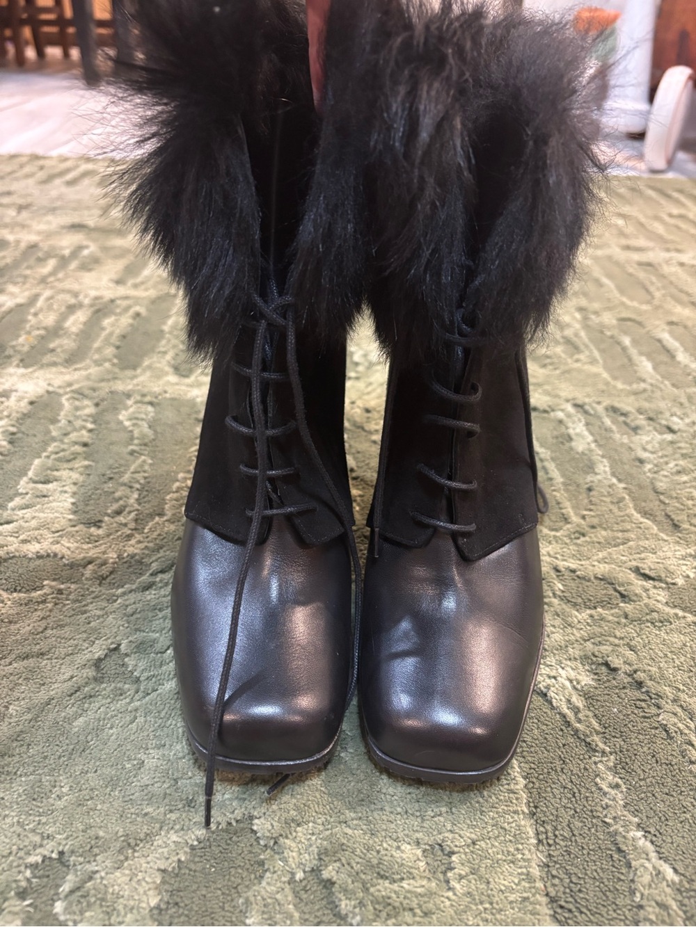 Black Lace-Up Fur Cuff Ankle Boots